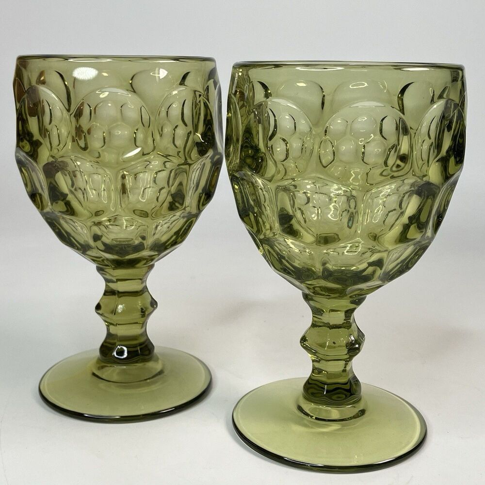 Vtg Lot 2 Imperial Glass Provincial Thumbprint Avocado Verde Green Goblets